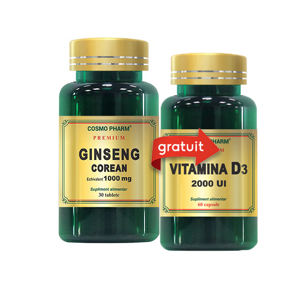 Pachet Ginseng Corean 1000 mg - 60 cps + Vitamina D3 2000 UI - 30 cps (gratis) Cosmo Pharm